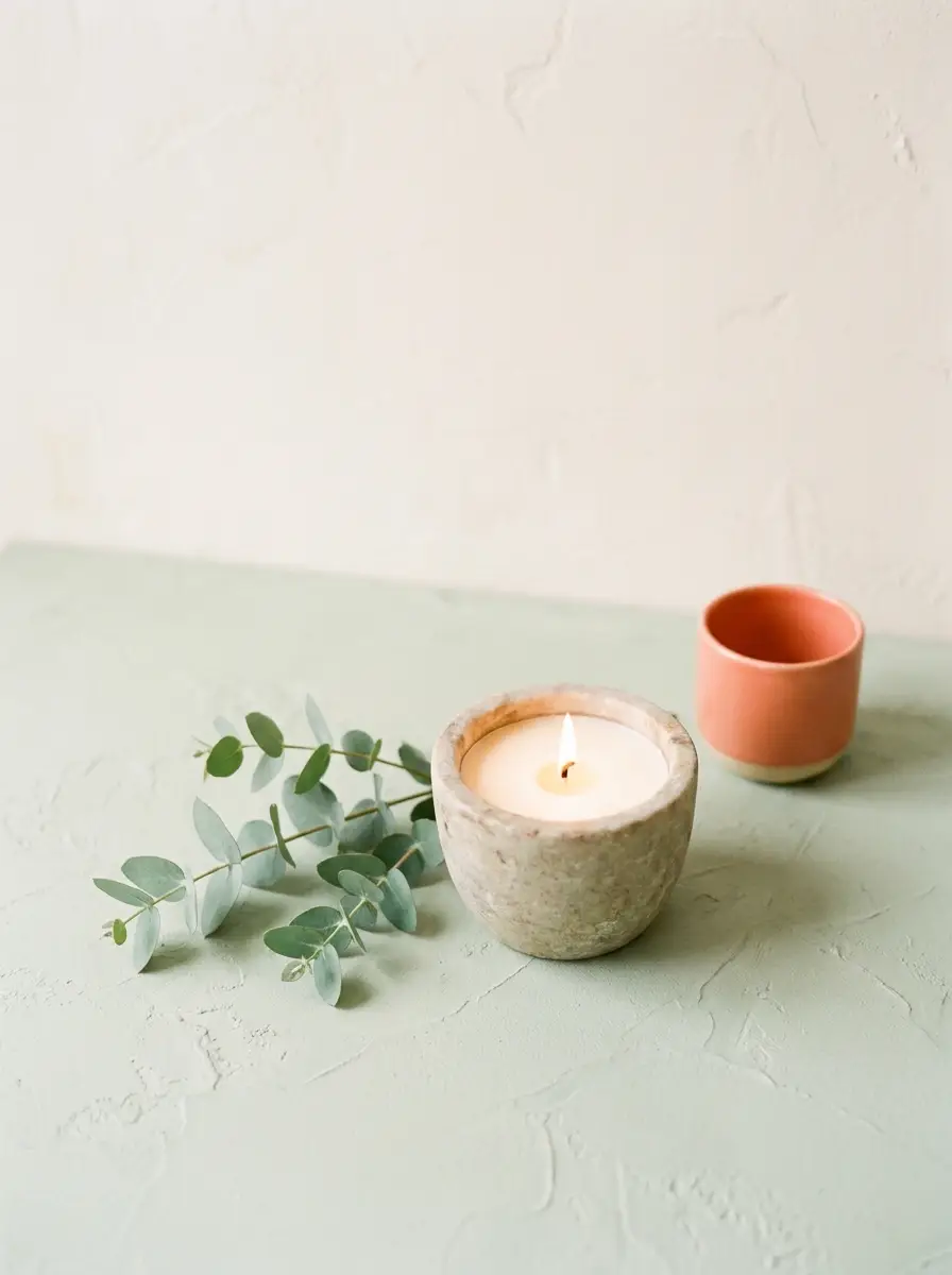 A candle, eucalyptus and a coral cup on a sage-green surface